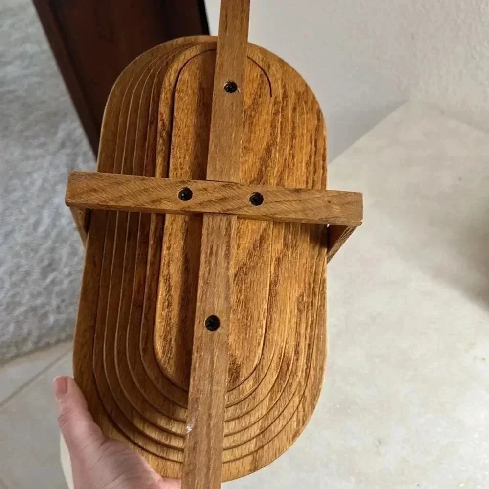 Vtg Wooden Collapsible Spiral Basket Folding Handle Handcrafted Unique EUC Piece - Picture 4 of 4